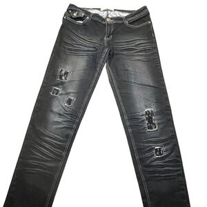 Raw Blue Girls Jeans Size 12/14 Dark Wash Distressed Lace Rhinestone Wing Y2K
